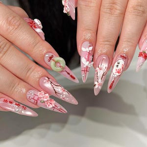 3D Cherry Blossom Press On Nails, Pink Chinoiserie Nails, Pearls Nails, Long Stiletto Hanfu Nails