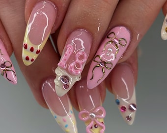 Birthday Press On Nails, Pink Coquette Bow Nails, Cute Luxury 3D Gel Nails, Luxury Handmade Press On Nails for Special Day