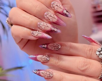 Pink Glitter Edges Press On Nails Halloween Spiderweb Rhinestone Bling Fake Nails Custom Reusable Glue On False Nail Arts Spooky Design Sets