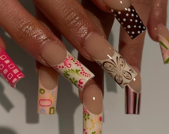 Retro Bloom Patchwork Press On Nails, Colorful Mix & Match French Tips, Vintage Patterned Square Nails, 70s Inspired Nail Art, Birthday nail
