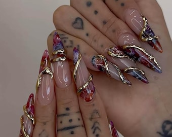 Gold Wire Wrapped Press On Nails, 3D Gold Wire Marble Nail Art, Edgy Glam Fake Nails, Sculptural Nail Design, Trendy Nail Art, Y2k Nails
