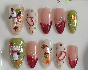 Fall 3D Puppy Press On Nails | Cute Cartoon Dog Autumn Nails | Autumn Leaf Apple Nail Art | Apple Harvest Reusable Fake Nails