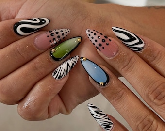 Mix and Match Press On Nails, Retro Pop Art Fake Nails, Abstract Zebra Swirl & Polka Dot, Funky Indie Long Almond Custom Nails, Y2K Nails