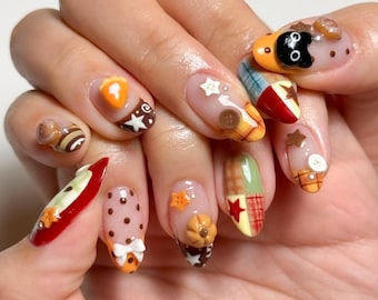 3D Fall Press On Nails Cozy Autumn Plaid Patchwork Pumpkin Pie Cottagecore Thanksgiving Sweet Fake Nails Reusable 3D Food Art Custom Designs