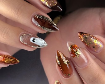 3D Gold Pumpkin Halloween Press On Nails Spooky Ghost Fake Nails Amber Chrome Swirls Gold Foil Accent Custom Reusable Glue On False Nail Art