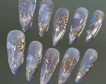 Celestial Press On Nails, 3D Gold Sun Moon and Stars Chrome, Purple Cat Eye Galaxy Fake Nails, Witchy Astrology Custom Reusable Nails
