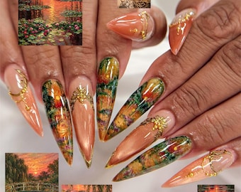 Cottagecore Sunset Landscape Press On Nails | Fairycore 3D Gold Filigree Fake Nails | Vintage Floral Hand Drawn Reusable Stiletto Nails