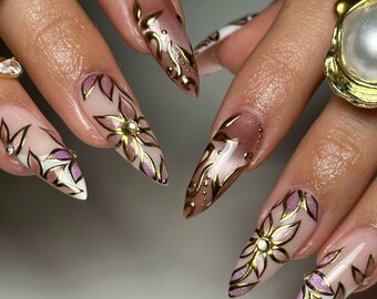 3D Gold Floral Press On Nails, Fairycore Stiletto Fake Nails, Luxury Nude Pink and Gold Chrome Nails, Elegant Flower Nails, Glue On Nails
