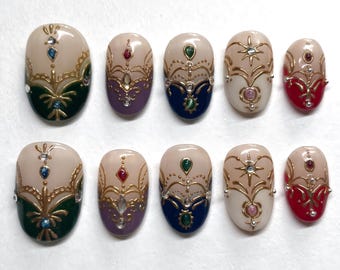 Luxury Jeweled Press On Nails, Royal Gold Embellished Nails, Elegant Gemstone Nail Art, Handmade Statement Nails