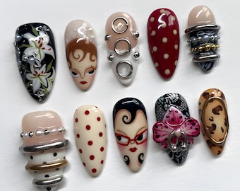 Avant Garde Press On Nails, Abstract Face Art Nail Set, Polka Dot Statement Nails, Artistic Orchid Nails, 3d Floral nails, Lily nail art