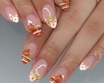 Autumn Press On Nails 3D Pumpkin Gold Bow Fake Nails Striped Lace Edges Custom Reusable Glue On False Nail Arts Polka Dots Fall Designs Sets