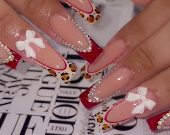 3D White Bow Press On Nails Leopard Print Red French Tip Rhinestone Fake Nails Coquette Custom Reusable Glue On False Nails Bling Design
