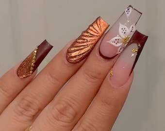 3D Copper Shell Press On Nails Burgundy Fall Fake Nails Handpainted White Flower Gold Chrome Custom Reusable Glue On False Nail Art Designs