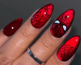 Red Spiderweb Press On Nails, Comic Book Hero Fake Nails, Hand Painted Reusable Spider Almond Nails, Superhero Aesthetic Nail, Edgy Y2K Nail