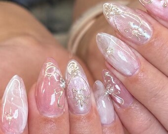 Coquette Pink Aura Press On Nails, 3D Gold Chrome Fairycore Nail Art, Elegant 3D Gold Swirl Fake Nails, Handmade Custom Almond Nails