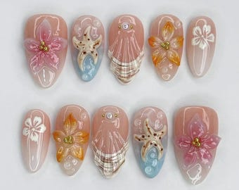 Summer Ocean Nails, Tropical Beach Press On Nails, Ocean Theme Reusable Nails with Flowers and Seashells , Beach Nails, Coastal Sea nails