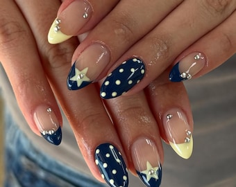 Blue Polka Dot Press On Nails, Star Accent Almond Nails, Cute Navy and Yellow French Tip Nails, Handmade Nail Set