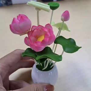 1Pcs Pink Lotus Clay Flower, Mini Potted Clay Lily Home Garden, Home Decor Gift, Clay Art Flower