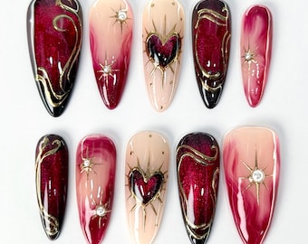 Valentine Gothic Press On Nails, Burgundy Red Heart Nails with Gold Details, Luxury Romantic Nails