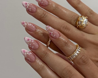 Pink Cherry Blossom Press On Nails, Spring Floral French Tip Fake Nails, Kawaii Sakura Art, Cottagecore Spring Kawaii Aesthetic