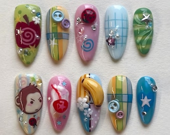Colorful Y2K Press On Nails, Cute Pop Art Nail Set with Stars Buttons and Candy Details, Ladybug nails