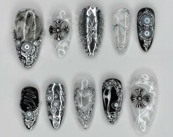 Gothic Cyber Press On Nails, Black Silver Cyber Press Ons with 3D Cross, Butterfly and Chain Details, Y2K Nails, gothic nails