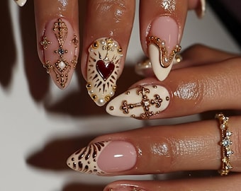 Golden Heart Baroque Press On Nails, Valentine Nails, Ivory Blush French Tips, Cross & Heart Nails, Vintage Religious Nail Art
