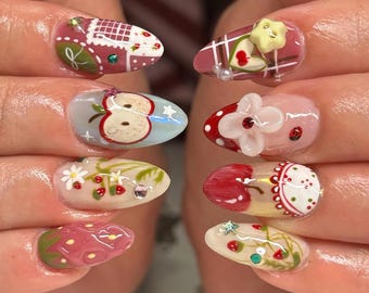 Fairy Cottagecore Press On Nails, Cute Mushroom & Apple Fake Nails, Pastel Garden Nail Art, Cute Fairy Tale Press Ons, Kawaii Nails