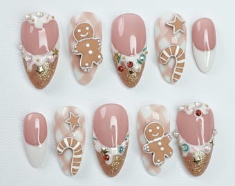 Christmas Gingerbread Press On Nails, Gingerbread Man & Candy Cane Nail Art: Perfect for Christmas Night or a Thoughtful Gift for Her