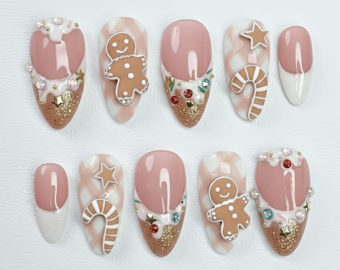 Christmas Gingerbread Press On Nails, Gingerbread Man & Candy Cane Nail Art: Perfect for Christmas Night or a Thoughtful Gift for Her