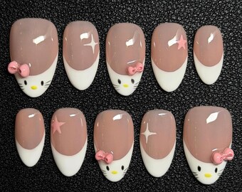 Kawaii Hello Kitty Press On Nails, 3D Pink Bow French Tip Fake Nails, Cute Nail Set, Pink Bow Cat False Nails, Nude Pink and White Nails