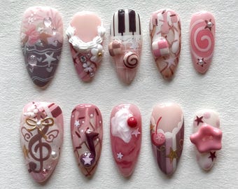 Sweet Music Press On Nails, 3D Kawaii Nail Art with Piano, Notes and Cherries, Musical Piano Nails, Sweet Vintage Style Handmade Nails