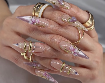 Luxury 3D Gold Filigree Press On Nails, Purple Floral Stiletto Nails,  Elegant Victorian Aesthetic Fake Nails, Handmade Reusable Nails