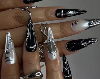 Y2k Chrome Press On Nails, 3D Sculpted Metallic Nails, Edgy Futuristic Nail Art, Gothic Cyberpunk Nails, Y2k nails
