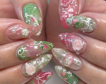 3D Strawberry Press On Nails, Pink and Green Floral Nails with Sculpted Roses, Pastel Pink Cottagecore Nails, Kawaii Fairy Garden Nails