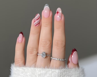 Uñas postizas navideñas con forma de bastón de caramelo, juego de uñas rojas y blancas con purpurina, elegantes uñas con forma de bastón de caramelo con puntas francesas brillantes, uñas rojas con purpurina
