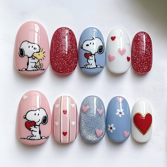 Cute Snoopy Valentine Press On Nails, Pink Red Heart Nails, Cartoon Nail Art Set, Kawaii Love Nails, Handmade Gel Nails,  Blue Daisy Nails