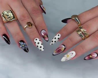 Burgundy Aura Press On Nails Polka Dots Fake Nails Handpainted Floral Gold Beads Mismatched Custom Reusable Glue On False Nails Arts Designs