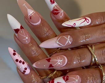 Valentine Press On Nails, Long Stiletto Lips Nail Art with Red Kisses, White & Pink Ribbons, Romantic Hand-Painted 3D Pearl Nails