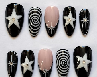 Dark Aesthetic Star Press On Nails, Black and White Cyber Goth Nails,  Hypnotic Spiral Starry Nail art,  Handmade Luxury Fake Nails