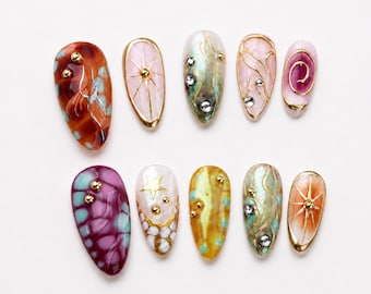 Celestial Press On Nails Starry Gold Foil 3D Rhinestone Gemstone Abstract Art Indie Press On Nails Unique Fake Nails Handmade False Nails