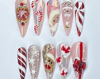 Unhas postiças com estampa de Papai Noel e Rena, unhas de Natal com estampa de bengala de doce, unhas de inverno com glitter vermelho, presente de Natal feito à mão para ela, nail art festiva