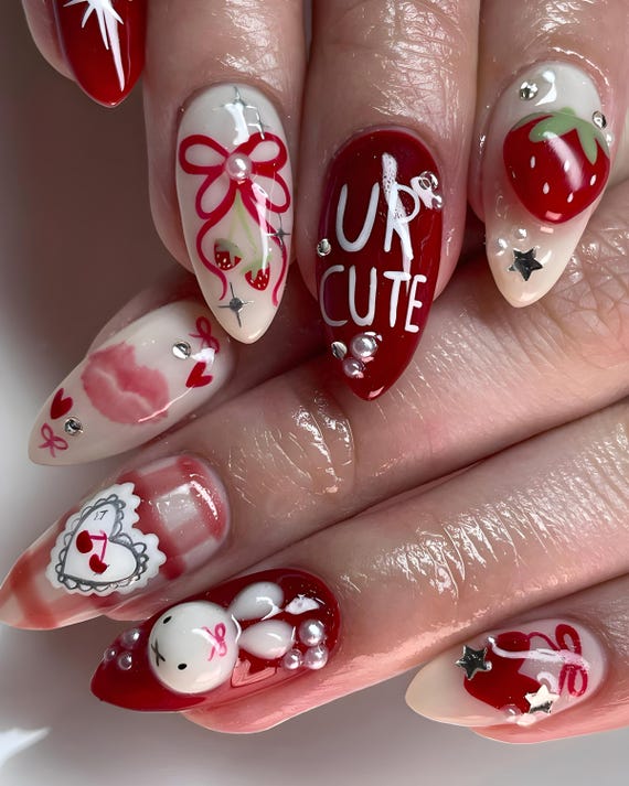 Miffy Valentine Press On Nails, Cute Bunny Nail Art, Red Heart Love Nails, Handmade Kawaii Nails, Miffy Nails