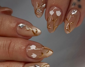Spring Floral Press On Nails, 3D White Tulip Nails, Elegant Bridal Nail Art, 3D Gold Chrome Swirls,  Handmade Reusable Glue On Nails