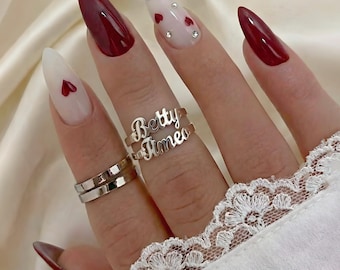 Valentine Press On Nails with Tiny Hearts, Burgundy Red Almond Nails, Classy Romantic Nail Set