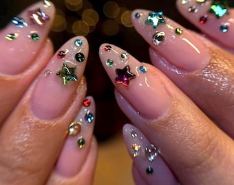 Luxury Rhinestone French Tip Nails, Cute Glam Press On Nails, Custom Press On Nails, Sparkly Crystal Nails, Acrylic nails, Christmas nails