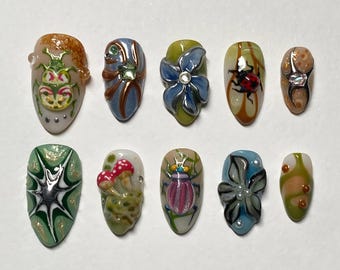 Whimsical Forest Press On Nails, Nature Inspired 3D Nail Art with Beetle Ladybug Mushroom, Handmade Artistic Statement Nails