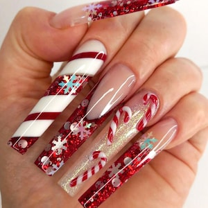 Christmas Red Glitter Press On Nails, Candy Cane Nail Design for Holiday Party, Red Glitter Holiday Nails with Snowflake Design, Xmas Nais