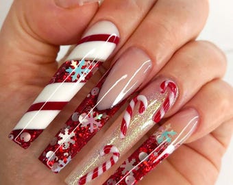 Christmas Red Glitter Press On Nails, Candy Cane Nail Design for Holiday Party, Red Glitter Holiday Nails with Snowflake Design, Xmas Nais