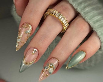 Vintage Sage Green Cat Eye Press On Nails, 3D Gold Floral Art | Luxury Fairytale Stiletto Nails,  Elegant Royal Reusable Fake Nails